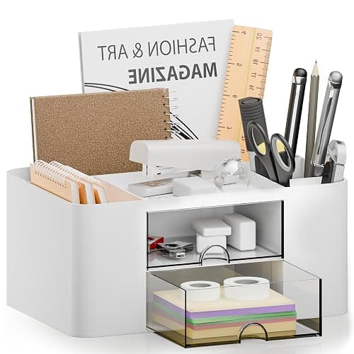CasaCulina Desk Organizer with 2 Drawer, Multi-Functional Pencil Pen Holder, Plastic Desk Organizers and Storage with 5 Compartments for School Office Art Supplies (White) - Image 1