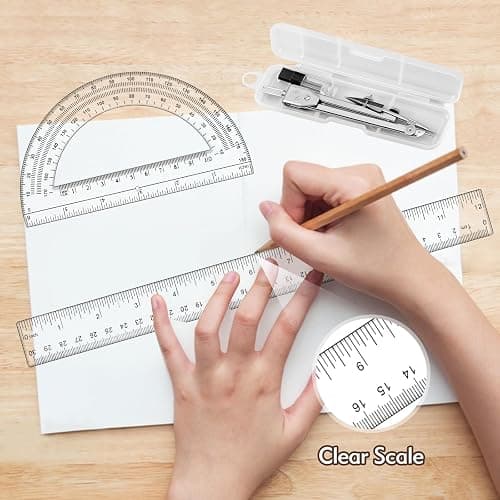 3 Pcs Plastic 12 Inch Ruler, Clear Protractor and Compasses Set for Student Geometry, Durable Transparent Drawing Measuring Rulers for School Office thumbnail 5