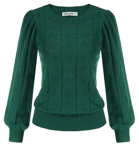 GRACE KARIN Women's Long Lantern Sleeve Crew Neck Crochet Top Hollow Out Fall Pullover Sweater - Image 1