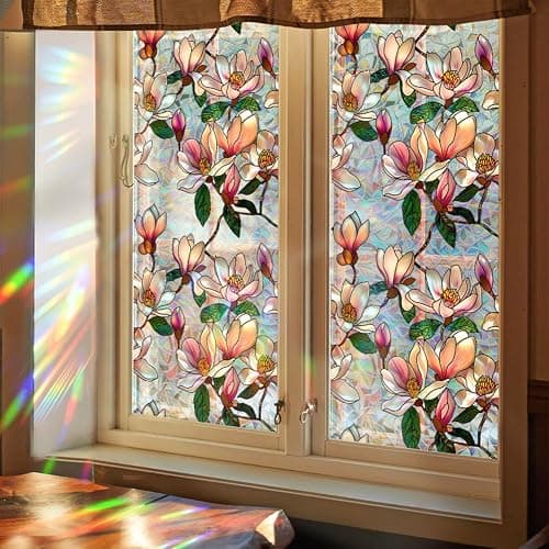 Retro Magnolia Flowers Window Privacy Film,Stained Glass Decals Colorful Floral Privacy Rainbow Decals Living Room Sun Blocking Decor Removable Static Cling Stickers,16.93x39.37inch thumbnail 2