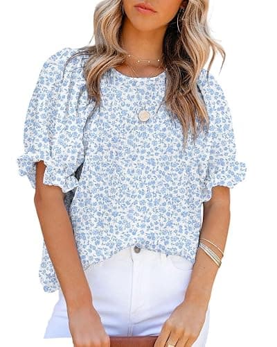 Dokotoo Floral Print Blouses for Women Crewneck Smocked Puff Sleeve Shirts Casual Babydoll Tops - Image 1