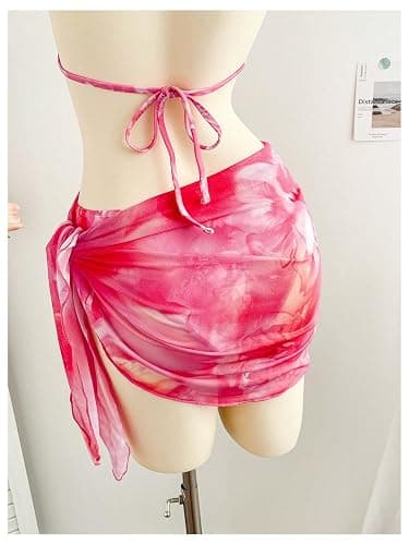 OYOANGLE Women's 3 Piece Swimsuits Tie Dye Floral Triangle Bikini Set with Sarong Cover Ups Vacation Bathing Suits thumbnail 4