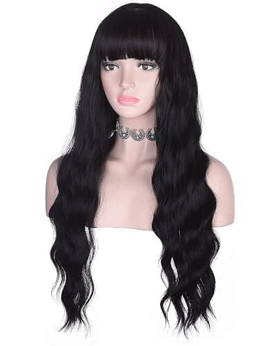 AMZCOS Long Wavy Black Wig with Bangs for Women Heat Resistant Synthetic Hair Wigs for Daily Use(Black) thumbnail 2