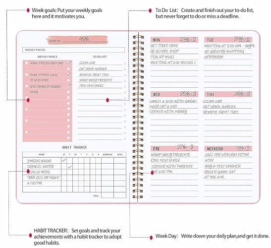 Moseem Weekly Planner Notebook, Undated A5 Planner Notebook Daily Planner to Do List Diary,Weekly Goals Planner with Habit Tracker 52 Weeks Planning for College Work ADHD Planner(Pink) thumbnail 6
