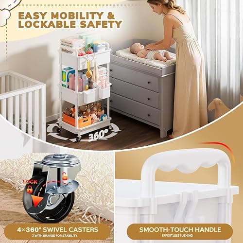 Goovilla Diaper Cart with Lockable Wheels and Easy Assembly, 3 Tier White Rolling Cart for Baby Nursery Storage, Sturdy Ample Diaper Caddy Organizer for Baby Girl, Boy, New Mom, Newborn Essentials thumbnail 5