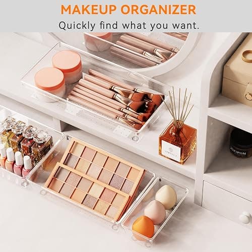 6 Pack Large Clear Plastic Drawer Organizer Trays, Acrylic Kitchen Drawer Organization and Storage Dividers, Non-Slip Storage Bins for Makeup, Kitchen Utensils, Bathroom, Jewelries and Office Desk - 6 Pack - Clear thumbnail 6