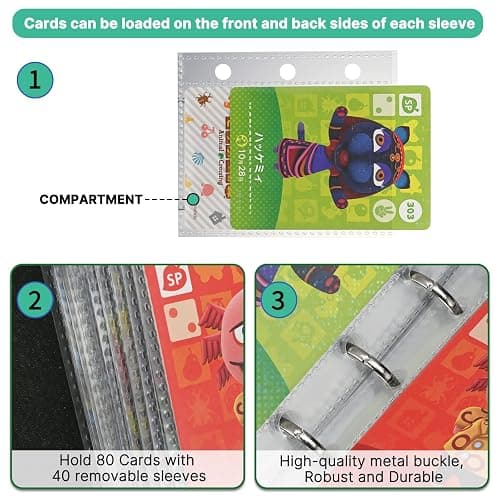 80 Pockets Binder Holder for Animal Crossing Amiibo Cards, Fits 80 Pcs 2.5 x 3.8-Inches Cards with 40 Removable Sleeves (Leaf, Full-Size Binder) thumbnail 3