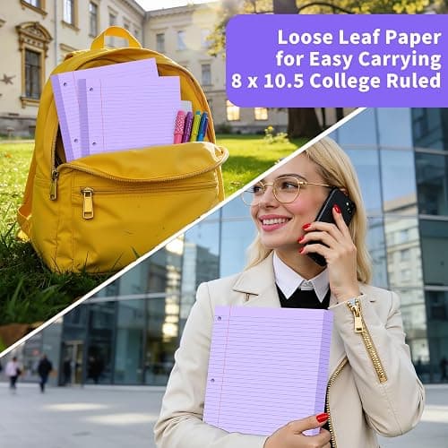 Purple Loose Leaf Paper 120 Sheets Purple Paper 8" x 10.5" College Ruled Paper Colored Notebook Paper 3-Hole Punched Lined Paper, 3 Ring Binder Paper 8 x 10.5 Filler Paper for School Office Supplies thumbnail 6