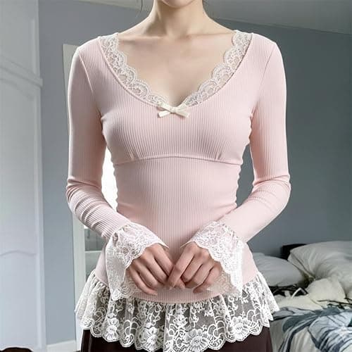 HeiBai Xiong Women Goth Knit Lace Trim T Shirt - Scoop Neck Long Sleeve Floral Ruffle Top Tee, Cute Dance Going Out thumbnail 3