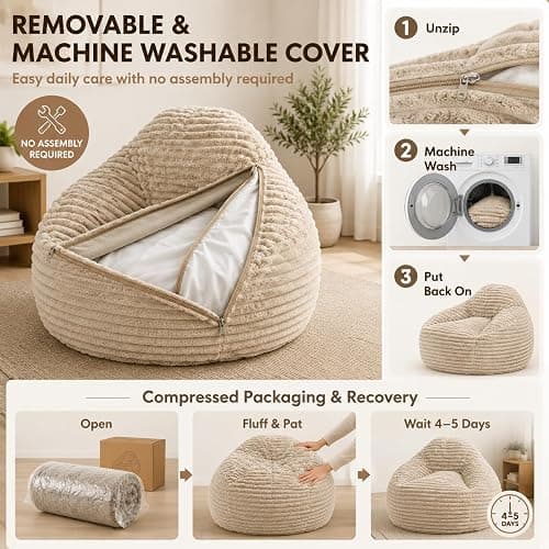 Simple Deluxe 3.25 ft Faux Fur Memory Foam Bean Bag Chair, Large Comfy Lazy Chair for Adult with Memory Foam Filled & Washable Cover, Perfect for Reading Gaming in Living Room Bedroom, Taupe thumbnail 5