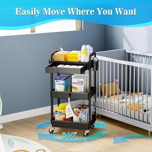 SUNALLY 3 Tier Rolling Cart with Drawer, Craft Storage Cart Organizer,Black | Bathroom Storage Organizer with 2 Lockable Wheels, Rolling Utility Cart for Kitchen, Office, Baby, Makeup, Nail,Snack,Laundry thumbnail 6