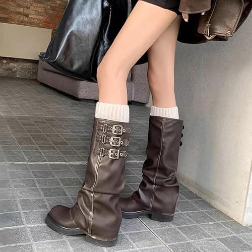 MAVMAX Women Slouchy Knee High Boots Casual Round Toe Pull On Riding Biker Boots Fold Over Chunky Low Heel Platform Boot thumbnail 5
