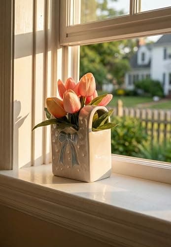 FLOROAD Spring Decor, Artificial Tulips in Ceramic Vase Spring Easter Table Centerpiece for Home Indoor Table Shelf Mantel Living Room Bathroom Bedroom Dining Coffee Bar Kitchen Decoration thumbnail 2