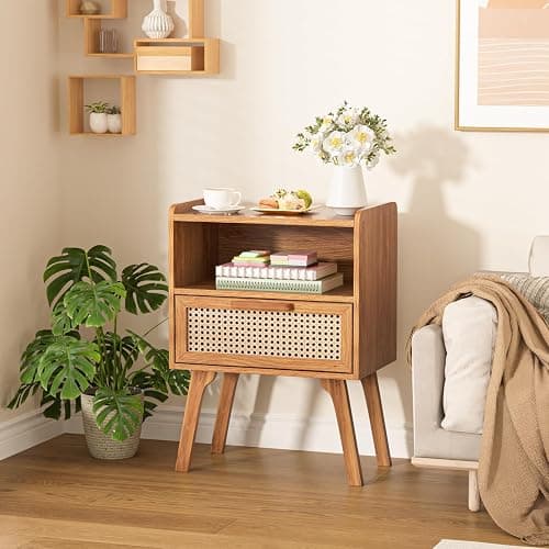 Lerliuo Rattan Nightstand, Side Table with Drawer Open Shelf | Bedside End Table with Solid Wood Legs, Mid Century Modern Night Stand for Bedroom, Dorm and Small Spaces (Tea Brown) thumbnail 8