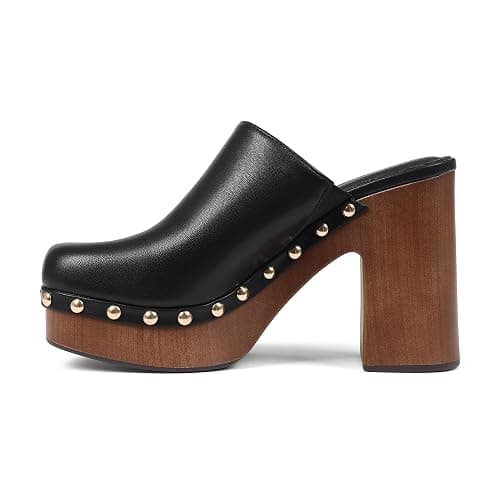 Oiamenne Womens Platform Clogs Mules Chunky High Heeled Sandals Round Toe Slip On Slides Rivet Studded Heels for Women Casual Comfy Shoes - Image 1