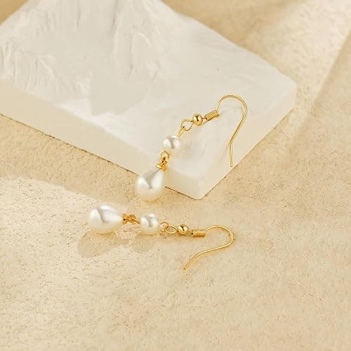Freekiss Pearl Earrings for Women Trendy: Flat Back Stud Earrings 14K Gold Plated/925 Sterling Silver Freshwater Pearl Dangle Earrings Cute Bow Earrings Wedding Jewelry Birthday Gifts for Women Girls thumbnail 6