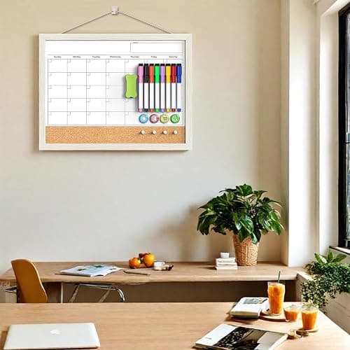 Calendar Whiteboard for Wall, TANKEE 17x13 Inches Whiteboard Calendar Cork Board Combo, Small Magnetic White Board with Wood Framed, Hanging Dry Erase Board for Kitchen Home Office School Planner thumbnail 2