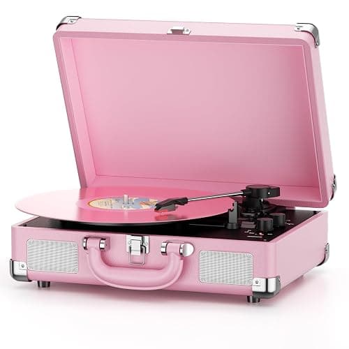 Vinyl Record Player 3-Speed Bluetooth Suitcase Portable Belt-Driven Record Player with Built-in Speakers RCA Line Out AUX in Headphone Jack Vintage Turntable,Pink - Image 1