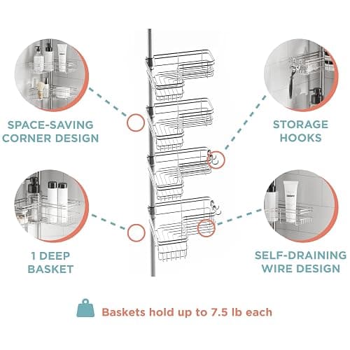 Zenna Home Tension Pole Shower Caddy, Adjustable Corner Shower Storage System with 4 L-shaped Baskets and Hooks, Rust-Resistant Bathroom Organization Solution, 60 to 97 Inch, Satin Nickel - Satin Nickel thumbnail 3