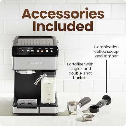 Chefman CaféMaster Pro Espresso Machine, Brew Single or Double Shots, Coffee Maker with Built-In Milk Frother for Cappuccino & Latte, XL 1.8 Liter Removable Water Reservoir - Stainless Steel thumbnail 7