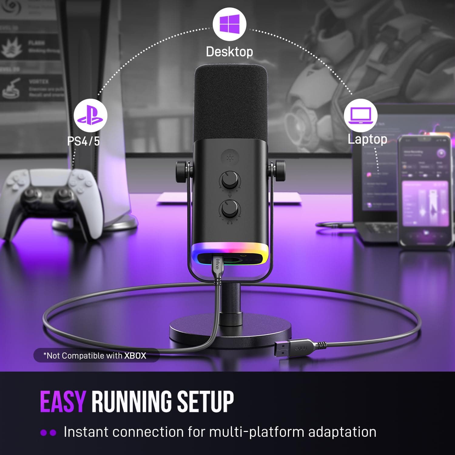 FIFINE XLR/USB Dynamic Microphone for Podcast Recording, PC Computer Gaming Streaming Mic with RGB Light, Mute Button, Headphones Jack, Desktop Stand, Vocal Mic for Singing YouTube-AmpliGame AM8 thumbnail 7