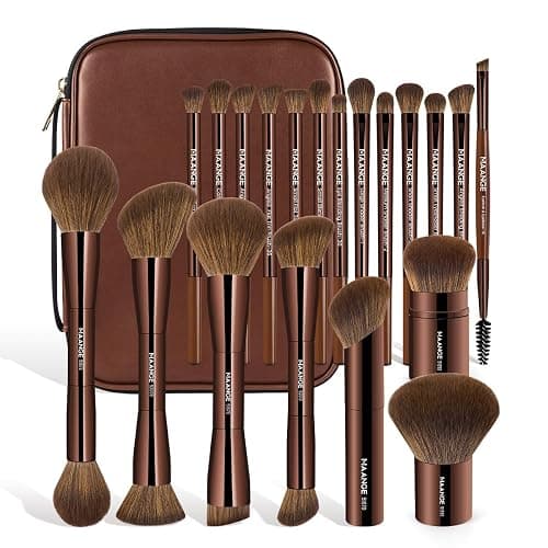 MAANGE 20 PCS Makeup Brush Set with Bag, Double-ended Kabuki Brush Foundation Contour Brush for Liquid Powder Concealer Eye Shadows Cream Cosmetics Blending Blush Face Makeup Tools (Brown) - Image 1