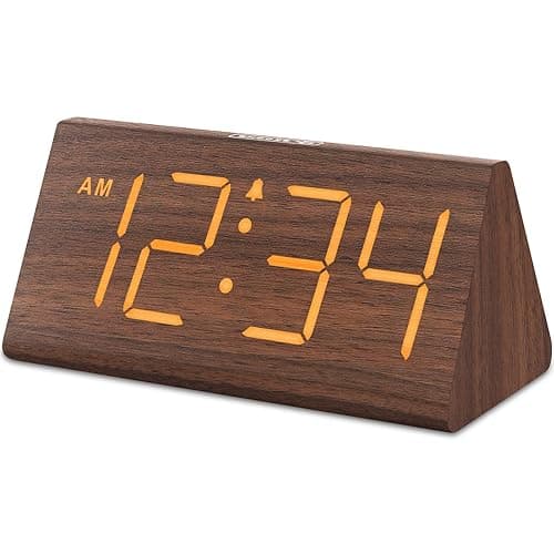 DreamSky Wooden Digital Alarm Clocks for Bedrooms - Electric Desk Clock with Large Numbers, USB Port, Loud Alarm for Heavy Sleepers, Adjustable Volume, Dimmer, Snooze, DST, Wood Décor, Adapter Powered - Brown