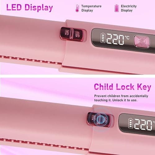 Cordless Hair Straightener, 2 in 1 Ceramic Flat Iron and Curler with Hairpin, 6 Levels of Temperature Adjustment, 4500mAh Battery, Type-C Charging, Portable Hair Straightener for Travel (Pink) thumbnail 5
