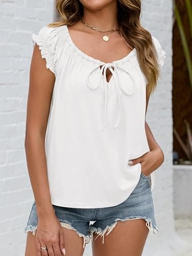 Womens Summer Babydoll Flowy Peplum Tops Cute Cap Ruffle Sleeve Blouse | Scoop Neck Tie Front Tank Top Boho Peasant Blouses Going Out Dressy Pleated Shirts thumbnail 5
