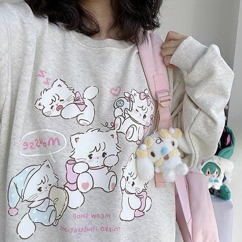 Y2k Harajuku Kawaii Grey Preppy Style Sweatshirt Women Japanese Fashion Cute Casual Cat Print Loose Hoodie thumbnail 2
