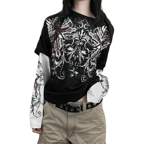 Women's Long Sleeve Tops Vintage Round Neck Skull Print Loose Grunge Shirts Pullover Harajuku Y2K Streetwear - K-black - L - Image 1