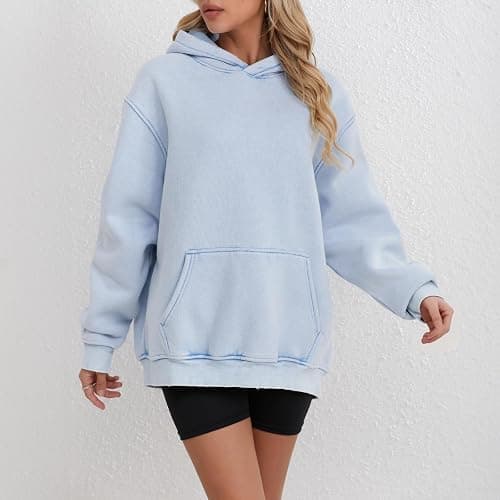 FAIABLE Mens Hoodies Pullover Oversized Hoodie Wash Plush Cotton Hooded Sweatshirt Vintage Heavyweight Hoodie Men Streetwear - Medium - Light Blue thumbnail 3