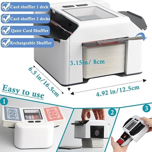 Mélangeur de Cartes Automatique Électronique 1-2 Jeux, 2000mAh USB Rechargeable mélangeur de carte pour UNO Poker Skyjo Blackjack Texas Hold'em, Portable Mélange silencieux et rapide, Auto/Manuel thumbnail 3