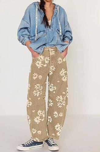 loveimgs Women Y2k Distressed Barrel Jeans Baggy Wide Leg Jeans Floral Printed Boyfriend Patchwork Denim Pants thumbnail 3