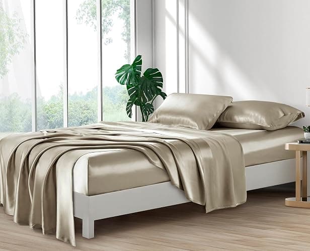 Lanest Housing Silk Satin Sheets, Queen Size Satin Bed Sheet Set with Deep Pockets, Cooling Soft and Hypoallergenic Satin Sheets Queen - Taupe thumbnail 4