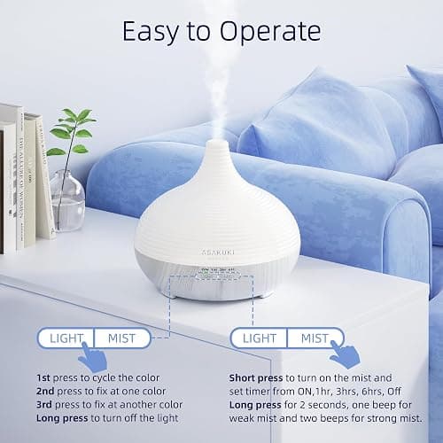 ASAKUKI 300ml Oil Diffuser with 14 LED Lights, Timers, Auto Shut-Off White | Large Capacity Essential Oil Diffuser, Ultrasonic Aromatherapy Ultrasonic Cool Mist Diffuser for Home Bedroom Office Yogaroom thumbnail 5