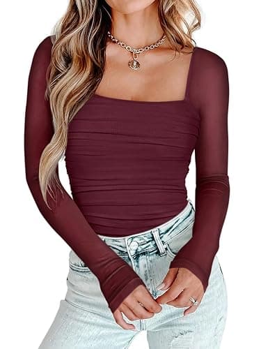 PINKMSTYLE Womens Square Neck Mesh Long Sleeve Bodysuit Shapewear Corset Tops Sexy Concert Outfits Party Shirts - Image 1