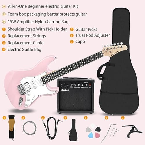 Soulmate 39 Inch Full Size Electric Guitar Starter Kit for Beginners Solid Body, HSS Pickups with 15W Amp, Gig Bag, Capo, Strap, Strings, Cable, Picks (Right-Handed,Pink) thumbnail 2