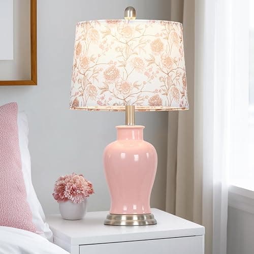 Ruzectt Pink Ceramic Table Lamp with Flower Lampshade, 23" Cute Bedroom Lamp with Ginger Jar Design, Modern Living Room Lamps Set 2, Elegant Bedside Lamps for Nightstand End Table Home Decor thumbnail 6