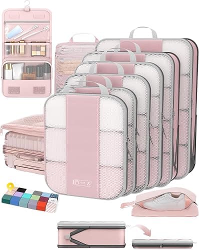OlarHike 10-Pack Compression Packing Cubes for Travel Essentials,Compressible Expandable Packing Cubes for Suitcase,Luggage Garment Bags for Travel,Handy Helper for Organizing Clothes(Pink) - Image 1