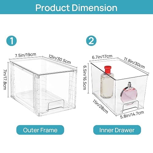 Vtopmart 2 Pack Large Stackable Storage Drawers,Clear Acrylic Drawer Organizers with Handles, Easily Assemble for Bathroom,Kitchen Undersink,Cabinet,Closet,Makeup,Pantry organization and Storage thumbnail 3