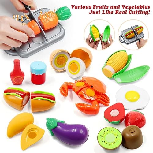 Kids Pretend Play Kitchen Toys Accessories Set, 32 Items Stainless Steel Toy Pots and Pans Sets w/ Rack Organizer, Metal Cooking Utensils & Apron, Play Food w/ Basket for Kids Girls Boys Toddlers thumbnail 7