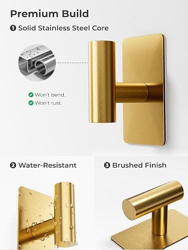 GWAAZXGZ Towel Hooks for Bathrooms – 2 Pack, Brushed Gold Finish, T-Shaped Stainless Steel Adhesive Wall Hooks for Robes & Towels in Kitchen, Shower, or Closet thumbnail 4