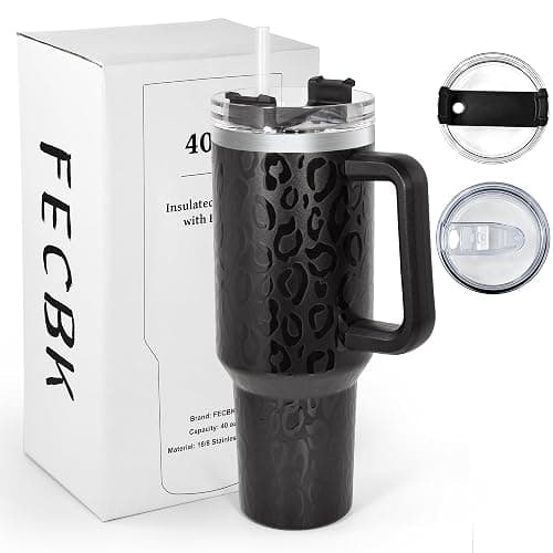 FECBK 40 oz Tumbler with Handle and Straw, 100% Leak-Proof Travel Mug, Stainless Steel Double Wall Vacuum Insulated Coffee Cup Keeps Cold For 34 Hours, Full Black Leopard - Image 1