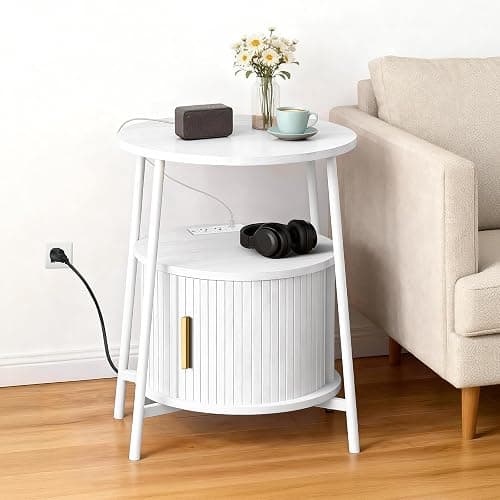 DHH Round End Tables with Charging Station, Fluted Accent Side Table with Sliding Door, Mid-Century Modern Nightstand for Small Space Storage, Living Room, Bedroom,Sofa Couch(1, White) thumbnail 3
