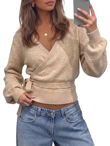 Fisoew Womens V Neck Wrap Cardigan Sweaters Casual Tie Belted Long Lantern Sleeve Slim Fit Knit Crop Pullover Tops - Image 1