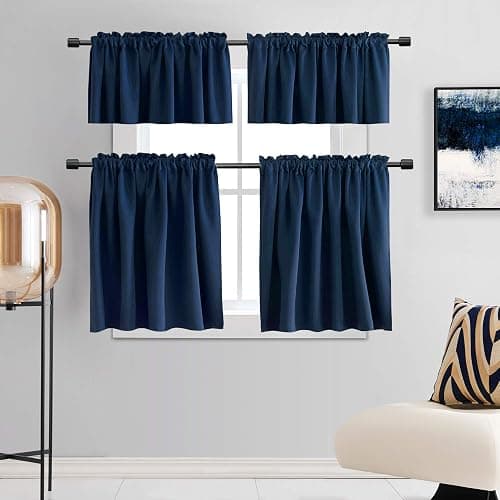 DONREN Navy Blue Blackout Tier Curtain Panels for Small Window - Thermal Insulated Room Darkening Rod Pocket Valance Curtains for Livingroom (30 by 30 Inch 2 Panels) thumbnail 6