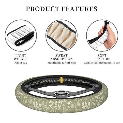 Green Leaf Plant Steering Wheel Cover for Women, Universal 15 inch Breathable Anti Slip Steering Wheel Covers for Cars, Auto, SUVs thumbnail 6