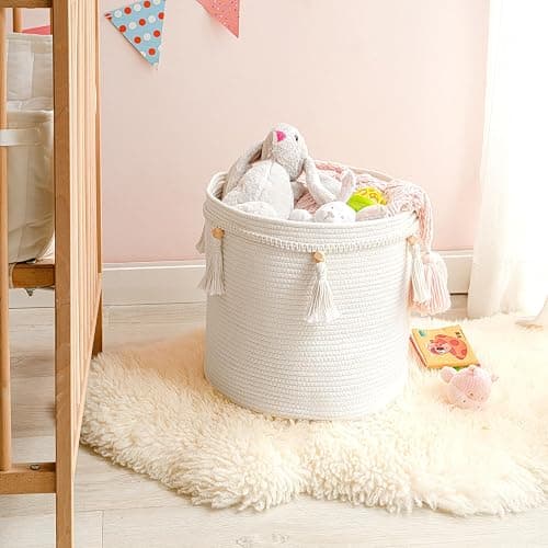 Mkono Macrame Decorative Cotton Rope Basket Boho Cute Woven Tassel Closet Storage Bins Organizer for Nursery,Baby Toys,Magazines, Potted Plants Cover,Living Room,Bedroom,Home Decor 11"x11",Small - s thumbnail 3