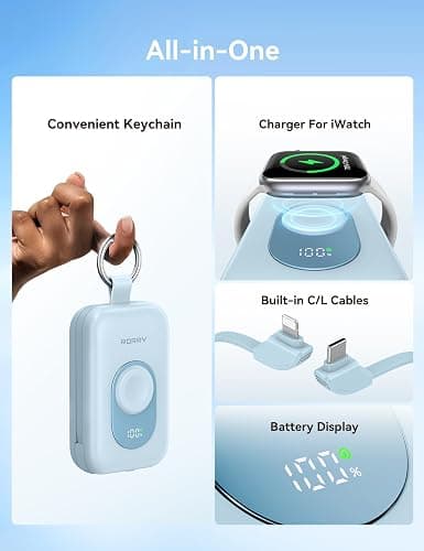 RORRY CharmGo Portable Charger, 20000mAh PD 30W Portable Charger Power Bank | Built-in Cables, Fast Charging Keychain Portable Battery Pack, Travel Essentials for iPhone, Apple Watch, iPad thumbnail 2